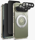 [Bundle] Google Pixel 11 Pro XL | Fusion Ring + Privacy & Camera Protectors - A clear protective phone case with a metallic olive-green back panel, a circular MagSafe-compatible ring, and a black camera lens protector, shown alongside matching black screen protectors on a white background.
