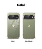 Pixel 11 Pro XL Case | Fusion - A color comparison graphic showing two smartphone back views on a white background, labeled 'Color' at the top. The left phone is labeled 'Clear' and shows a reflective light olive-green phone body with a visible Google 'G' logo.