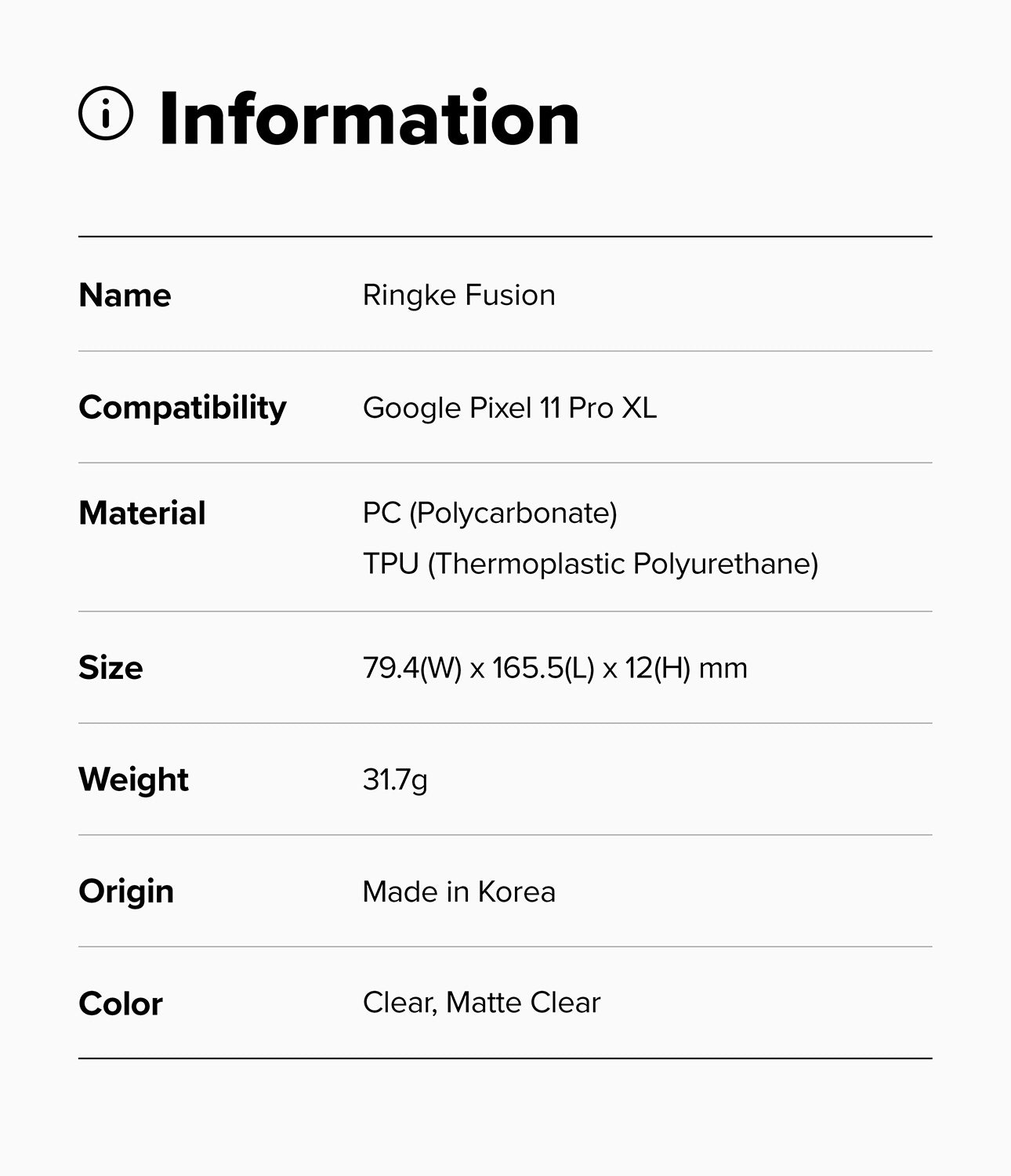 Pixel 11 Pro XL Case | Fusion - Product information card for Ringke Fusion case with specifications on a white background