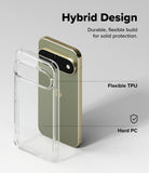 Pixel 11 Pro XL Case | Fusion - Clear hybrid phone case shown beside a gold smartphone on a light gray background, with text reading 'Hybrid Design,' 'Flexible TPU,' and 'Hard PC' to explain the protective design.