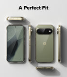 Pixel 11 Pro XL Case | Fusion - A clear smartphone case shown on a phone from multiple angles, with the text 'A Perfect Fit' at the top. The phone has an olive green back and a gold-toned case edge, photographed on a light gray background.