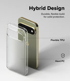 Pixel 11 Pro XL Case | Fusion Matte - A clear hybrid phone case shown over a gold smartphone on a light gray background, with text reading 'Hybrid Design,' 'Flexible TPU,' and 'Hard PC' to explain the product features.