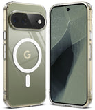 Pixel 11 Pro XL Case | Fusion Magnetic - A clear protective phone case shown on a smartphone from the back and front. The back of the phone features an olive green tinted backplate with a white MagSafe ring and a gold Google 'G' logo, while the front displays a matching green-tinted screen protector or screen overlay.