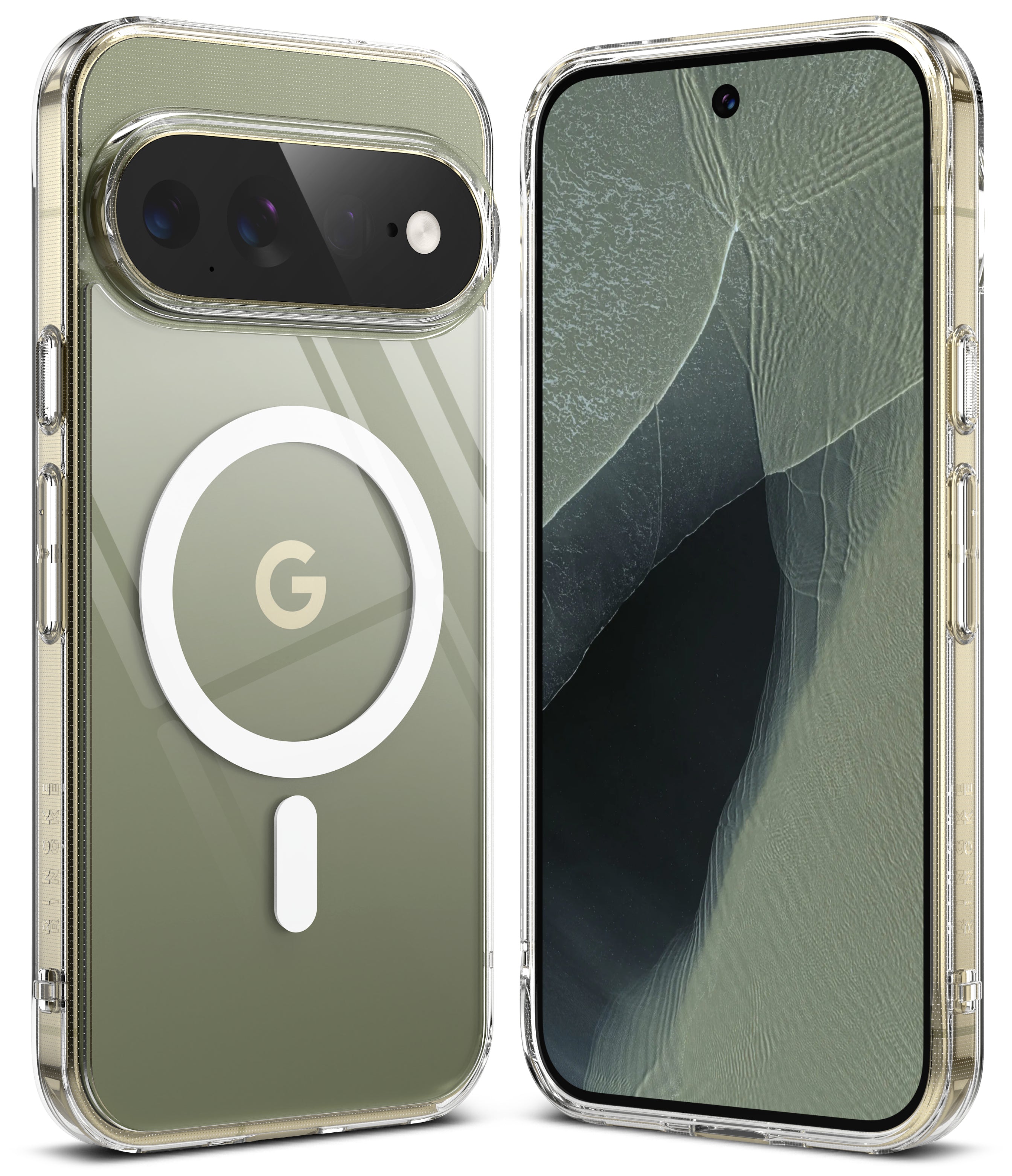 Pixel 11 Pro XL Case | Fusion Magnetic - A clear protective phone case shown on a smartphone from the back and front. The back of the phone features an olive green tinted backplate with a white MagSafe ring and a gold Google 'G' logo, while the front displays a matching green-tinted screen protector or screen overlay.