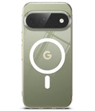 Google Pixel 11 Pro XL Case | Fusion Magnetic - A clear MagSafe-compatible phone case shown on a smartphone, featuring a white circular MagSafe ring with a gold 'G' logo in the center, set against a clean white background.