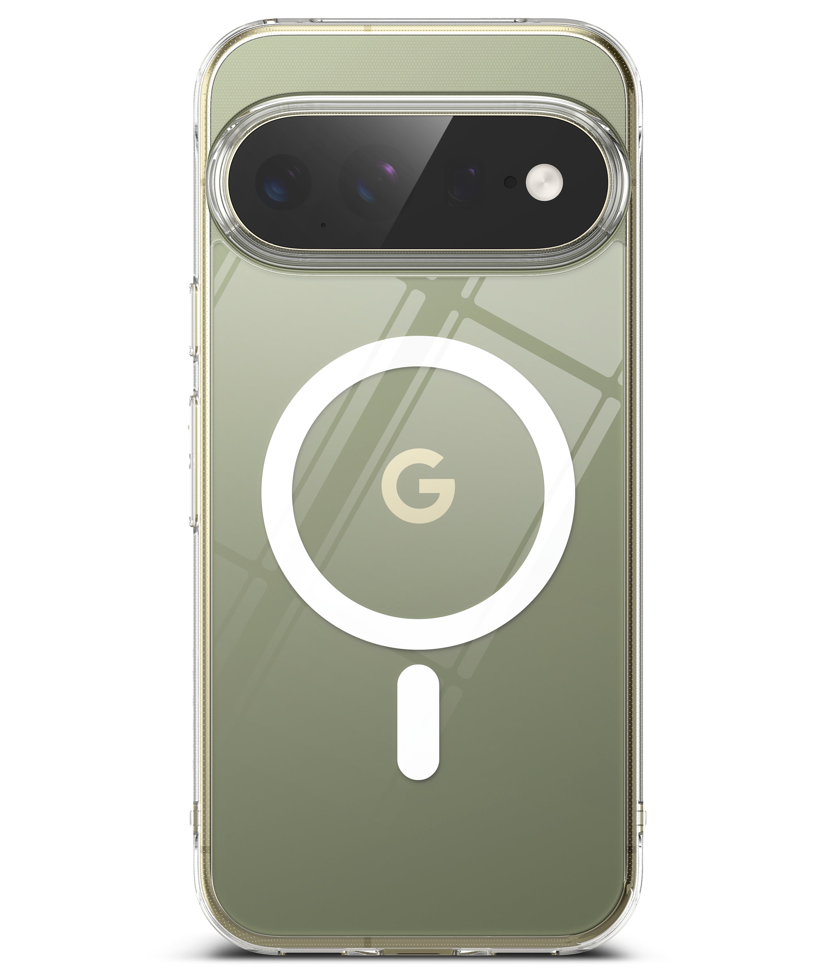 Google Pixel 11 Pro XL Case | Fusion Magnetic - A clear MagSafe-compatible phone case shown on a smartphone, featuring a white circular MagSafe ring with a gold 'G' logo in the center, set against a clean white background.