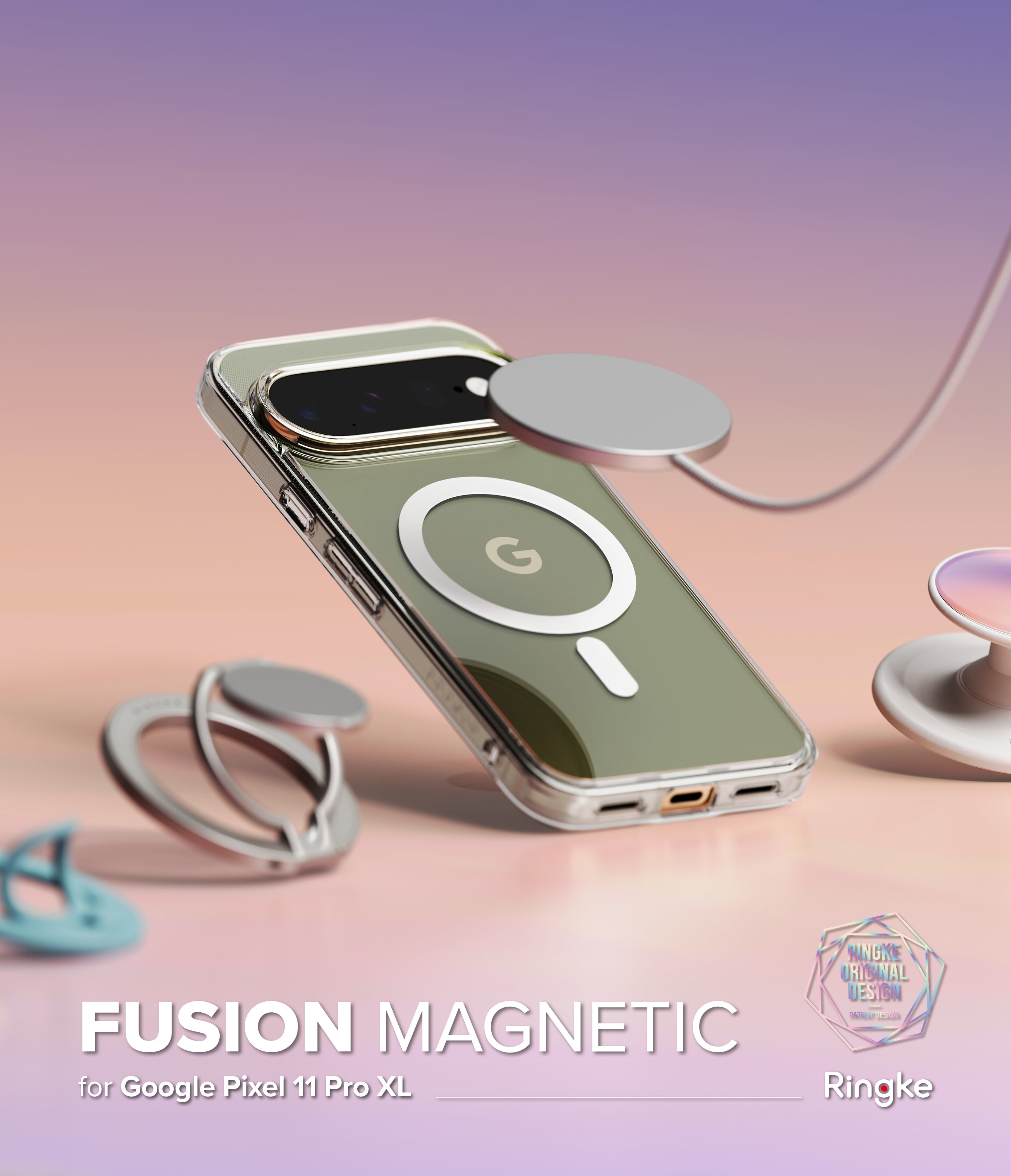 Google Pixel 11 Pro XL Case | Fusion Magnetic - A clear magnetic phone case with a metallic gold-toned inner lining, shown on a smartphone. The case features a built-in magnetic ring and a detachable circular magnetic accessory.