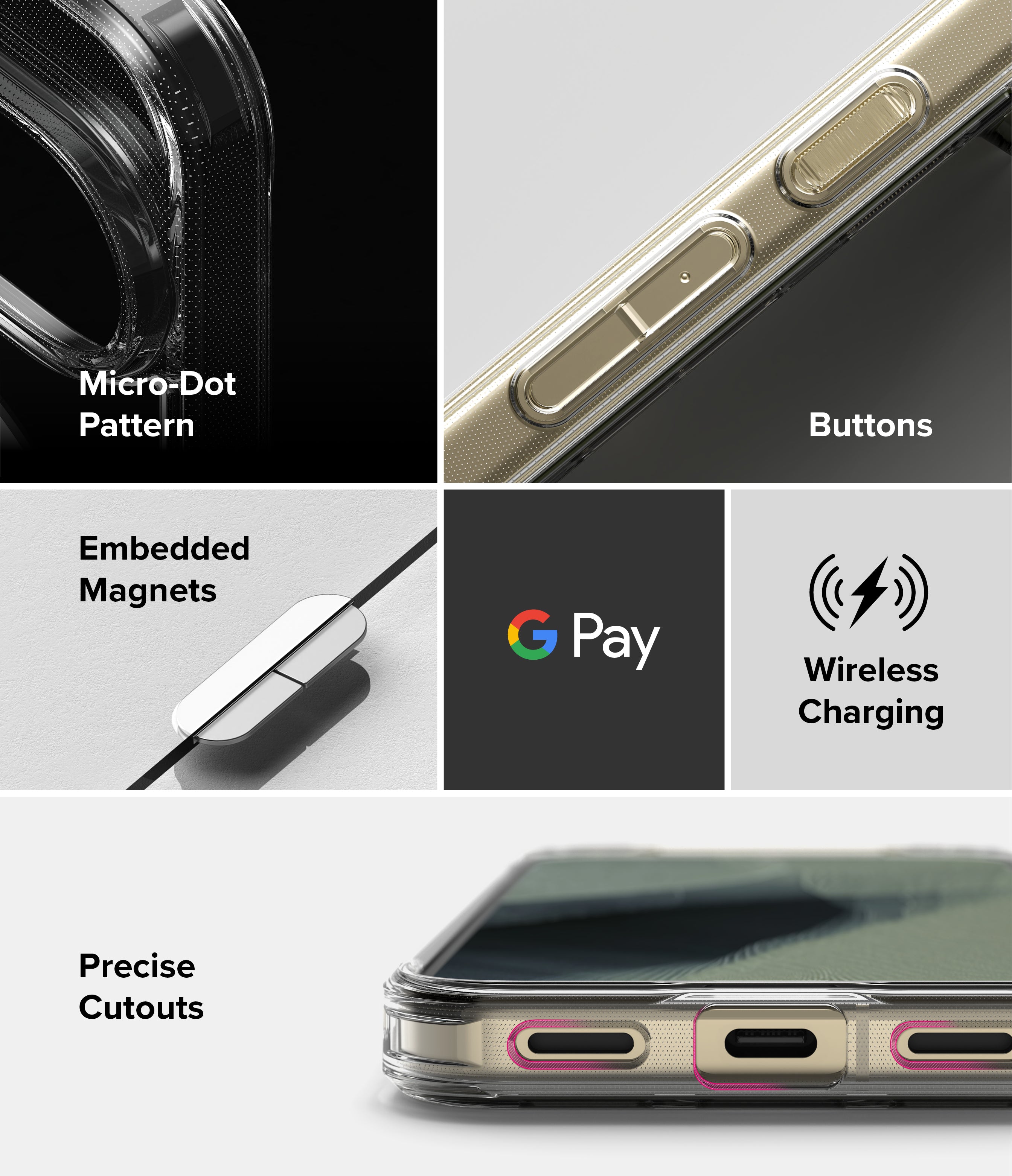 Google Pixel 11 Pro XL Case | Fusion Magnetic - A 5-panel product feature collage for a clear smartphone case. The panels show close-ups of the case on a phone: a black panel with a Micro-Dot Pattern label, a gold-toned side with Buttons label, a white panel with Embedded Magnets label, a dark gray panel with Google Pay and Wireless Charging label, and a white panel with Precise Cutouts label.