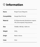 Google Pixel 11 Pro XL Case | Fusion Magnetic - A clean information card with a light gray background and black text listing product details for the Ringke Fusion Magnetic, including compatibility with Google Pixel 11 Pro XL, material composition, dimensions, weight, origin, and color.