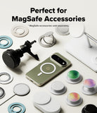 Google Pixel 11 Pro XL Case | Fusion Magnetic - A collage-style product listing graphic showing MagSafe accessories arranged on a light background, including a black car mount, a phone with a MagSafe ring, white circular pads, ring stands, and pop sockets in white, blue, green, and iridescent colors. Text at the top reads, 'Perfect for MagSafe Accessories' with smaller text noting MagSafe accessories are sold separately.