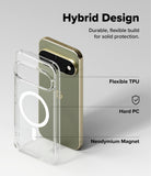 Google Pixel 11 Pro XL Case | Fusion Magnetic - Clear hybrid phone case shown beside a gold smartphone on a light gray background, with text reading 'Hybrid Design' and callouts for Flexible TPU, Hard PC, and Neodymium Magnet.