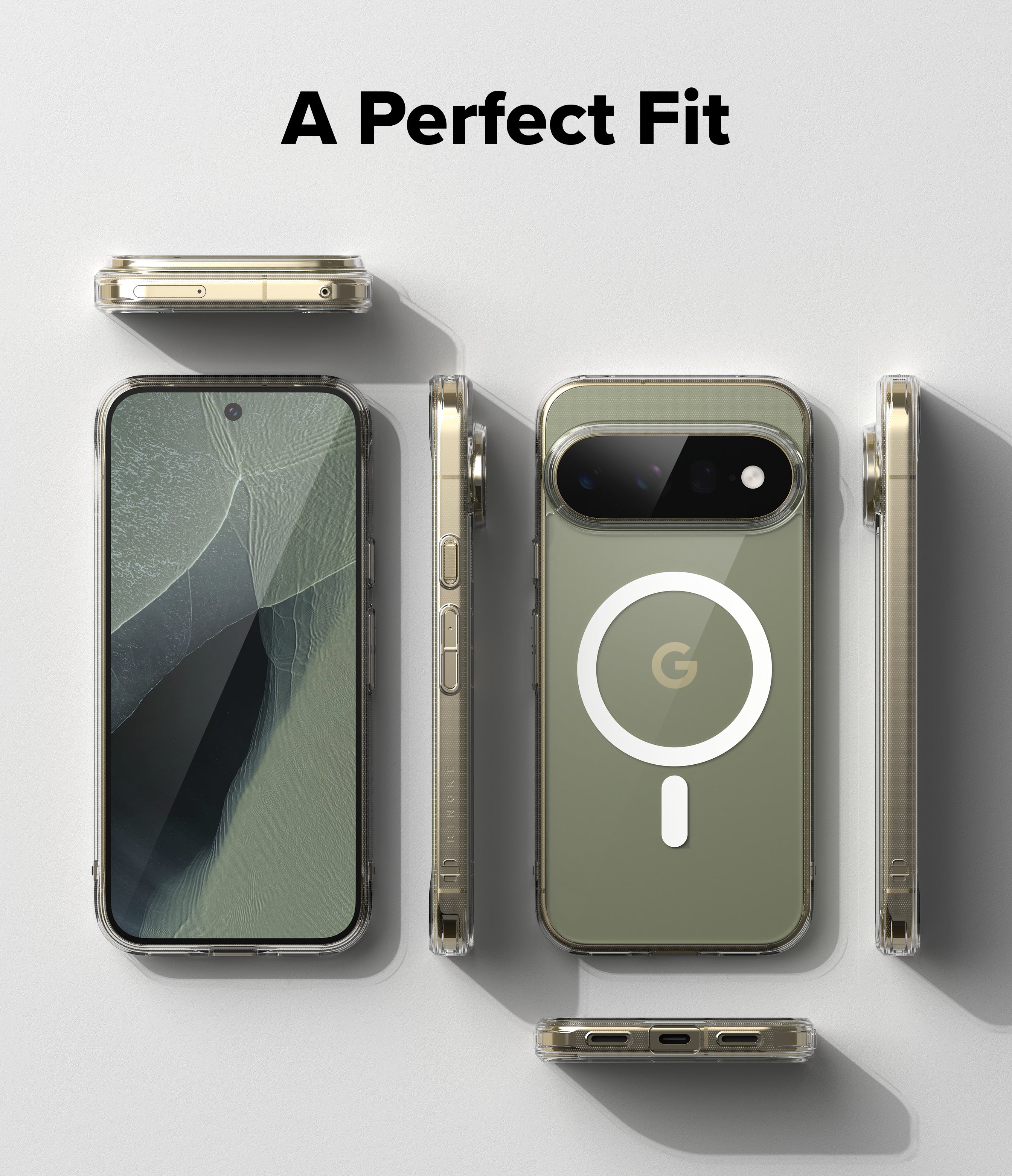 Google Pixel 11 Pro XL Case | Fusion Magnetic - A clear protective phone case shown from multiple angles on a smartphone, with the back view featuring a white MagSafe-style ring and a gold-toned 'G' logo. The text 'A Perfect Fit' appears at the top on a light gray background.