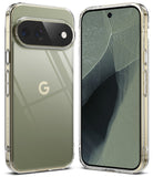 Pixel 11 Pro XL Case | Fusion - A clear protective phone case shown on a smartphone from the back and front, with a metallic sage green phone visible inside. The back of the phone features a gold Google 'G' logo, and the screen displays a dark abstract wallpaper.