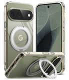 Google Pixel 11 Pro XL Case | Fusion Ring - A clear protective phone case with a metallic olive green inner lining, featuring a built-in circular silver magnetic ring stand. The image shows three views: the back of the case with the stand extended, a phone inside the case showing the olive green screen, and a bottom view of the case with the ring stand extended.