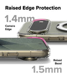 Google Pixel 11 Pro XL Case | Fusion Ring - A product graphic showing a transparent phone case with raised edges, demonstrating camera and bezel protection. The text reads 'Raised Edge Protection', '1.