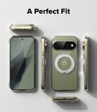 Google Pixel 11 Pro XL Case | Fusion Ring - A phone case shown from multiple angles on a light gray background, with the text 'A Perfect Fit' at the top. The case is olive green on the back with a silver MagSafe ring, and the phone inside has a cracked screen display.