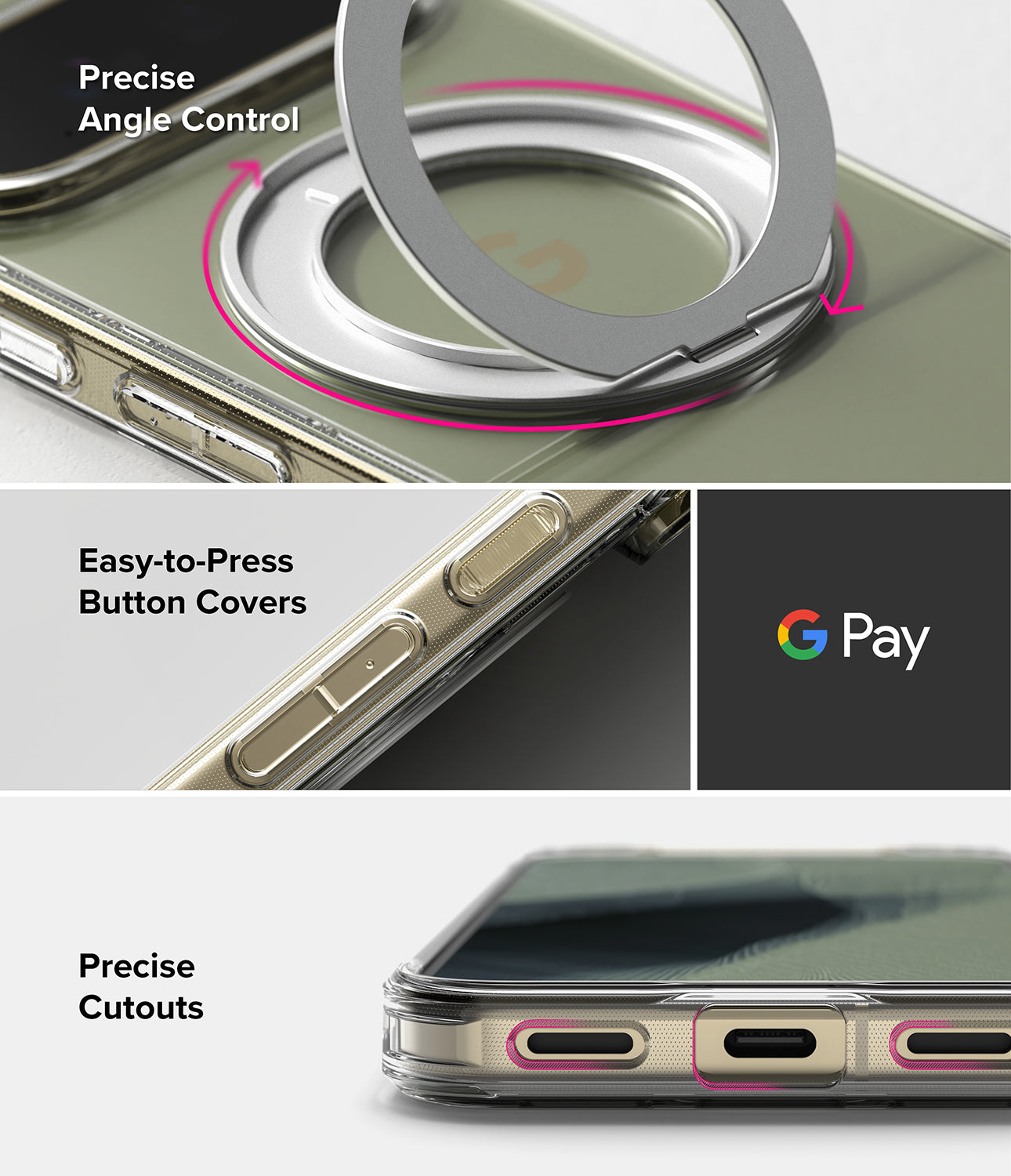 Google Pixel 11 Pro XL Case | Fusion Ring - A close-up product collage showing a transparent phone case with a metallic ring camera accessory and button covers. Text highlights 'Precise Angle Control,' 'Easy-to-Press Button Covers,' and 'Precise Cutouts,' with a Google Pay logo shown on one panel.