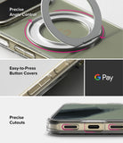 Google Pixel 11 Pro XL Case | Fusion Ring - A close-up product collage showing a transparent phone case with a metallic ring camera accessory and button covers. Text highlights 'Precise Angle Control,' 'Easy-to-Press Button Covers,' and 'Precise Cutouts,' with a Google Pay logo shown on one panel.