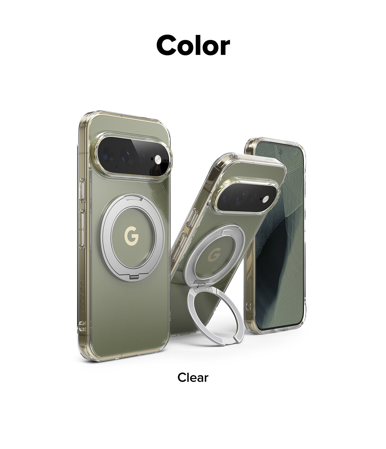 Google Pixel 11 Pro XL Case | Fusion Ring - Three views of a clear phone case with an olive green tint, featuring a circular MagSafe ring and a built-in kickstand, shown on a white background with 'Color' and 'Clear' text.