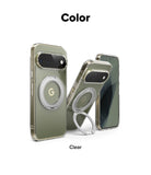 Google Pixel 11 Pro XL Case | Fusion Ring - Three views of a clear phone case with an olive green tint, featuring a circular MagSafe ring and a built-in kickstand, shown on a white background with 'Color' and 'Clear' text.