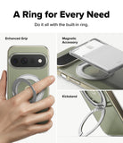 Google Pixel 11 Pro XL Case | Fusion Ring - A phone case with a built-in silver ring accessory, shown in three panels: one held by a hand to demonstrate the enhanced grip, one showing the magnetic accessory extended, and one showing the kickstand extended. Text at the top reads 'A Ring for Every Need'.