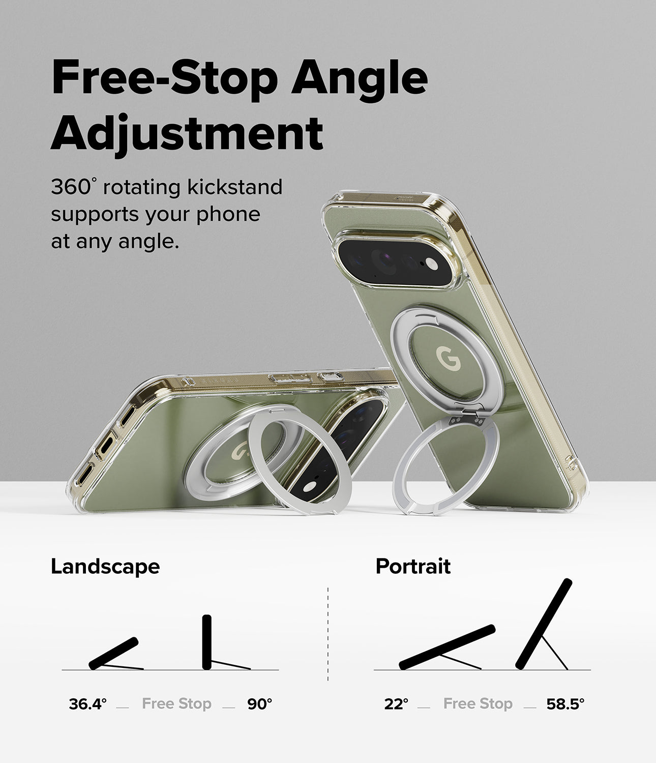 Google Pixel 11 Pro XL Case | Fusion Ring - A clear phone case with a metallic champagne-gold frame and a circular ring stand, shown with text explaining free-stop angle adjustment. The image includes diagrams showing landscape and portrait orientation angles, with the phone case pictured in two views on a light gray background.