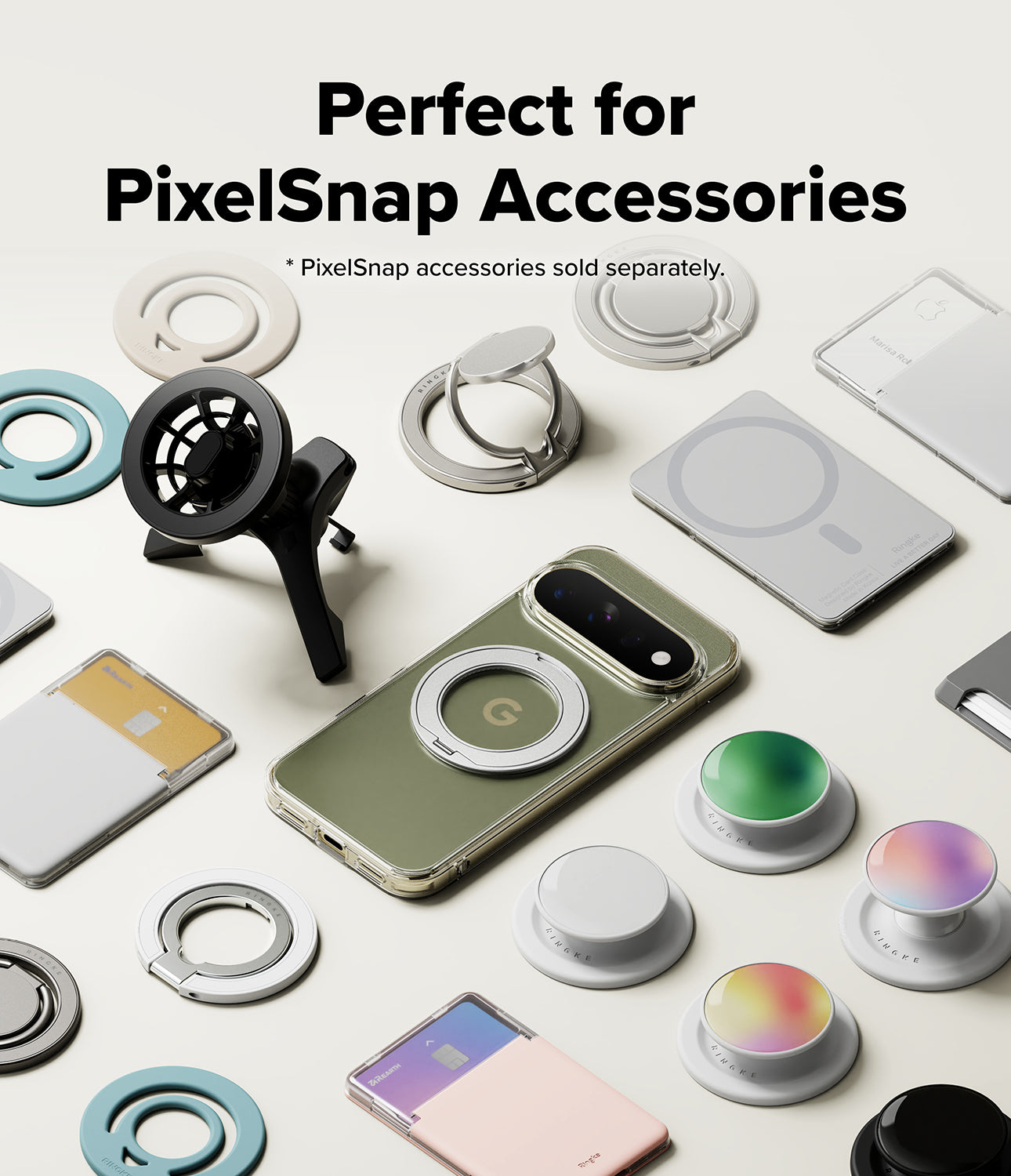 Google Pixel 11 Pro XL Case | Fusion Ring - A promotional flat lay showing a smartphone surrounded by various PixelSnap accessories, including ring stands, pop sockets, and mounting pieces, with text reading 'Perfect for PixelSnap Accessories' at the top.