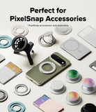Google Pixel 11 Pro XL Case | Fusion Ring - A promotional flat lay showing a smartphone surrounded by various PixelSnap accessories, including ring stands, pop sockets, and mounting pieces, with text reading 'Perfect for PixelSnap Accessories' at the top.