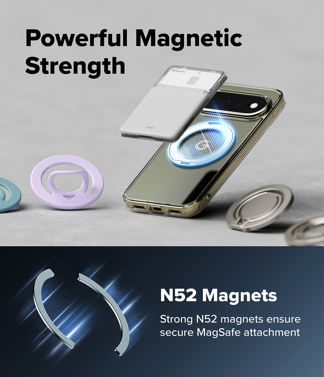 Google Pixel 11 Pro XL Case | Fusion Ring - A smartphone case with built-in magnetic accessories shown on a light gray background, with floating views of a card holder, ring stand, and MagSafe attachment. Large text reads 'Powerful Magnetic Strength' and 'N52 Magnets Strong N52 magnets ensure secure MagSafe attachment.
