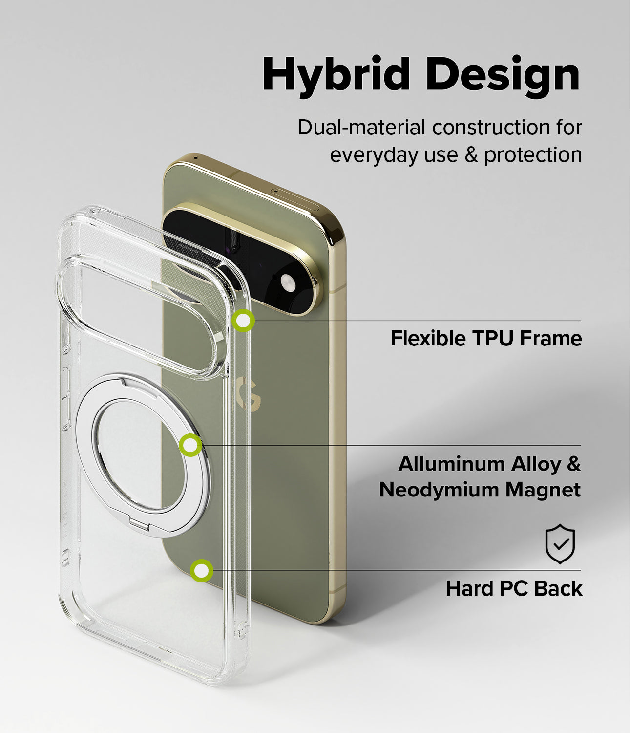 Google Pixel 11 Pro XL Case | Fusion Ring - A clear protective phone case with a circular magnetic ring and a metallic gold phone shown behind it on a light gray background. Text labels point out features: Flexible TPU Frame, Aluminum Alloy & Neodymium Magnet, and Hard PC Back, under the heading Hybrid Design.
