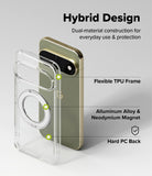 Google Pixel 11 Pro XL Case | Fusion Ring - A clear protective phone case with a circular magnetic ring and a metallic gold phone shown behind it on a light gray background. Text labels point out features: Flexible TPU Frame, Aluminum Alloy & Neodymium Magnet, and Hard PC Back, under the heading Hybrid Design.