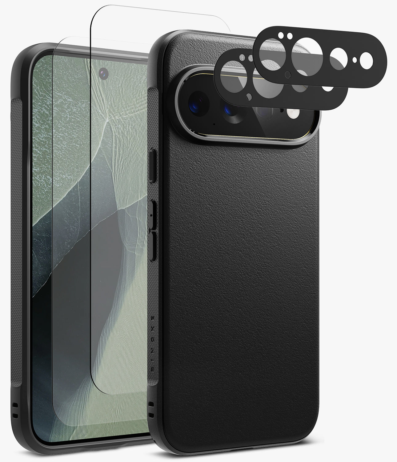 [Bundle] Google Pixel 11 Pro XL | Onyx (BK) + Screen & Camera Protectors - Black textured phone case shown with a smartphone inside and three black camera lens protectors floating above the camera cutout, on a clean white background.