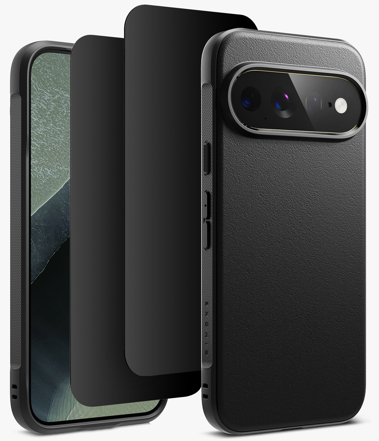 [Bundle] Google Pixel 11 Pro XL | Onyx (BK) + Privacy Protectors - A black textured phone case shown on a smartphone, alongside matching black screen protectors, on a clean white background.