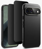 [Bundle] Google Pixel 11 Pro XL | Onyx (BK) + Privacy Protectors - A black textured phone case shown on a smartphone, alongside matching black screen protectors, on a clean white background.