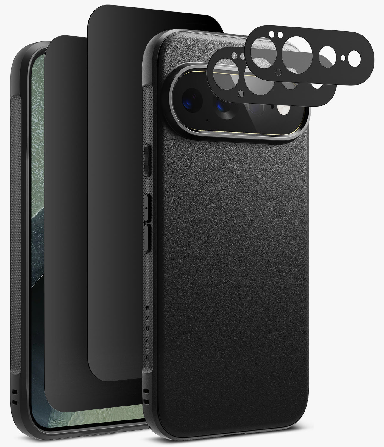 [Bundle] Google Pixel 11 Pro XL | Onyx (BK) + Privacy & Camera Protectors - Black textured phone case with a raised camera bumper and three circular camera lens protectors shown floating above the back, alongside a phone fitted with the case on a light gray background.