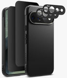 [Bundle] Google Pixel 11 Pro XL | Onyx (BK) + Privacy & Camera Protectors - Black textured phone case with a raised camera bumper and three circular camera lens protectors shown floating above the back, alongside a phone fitted with the case on a light gray background.