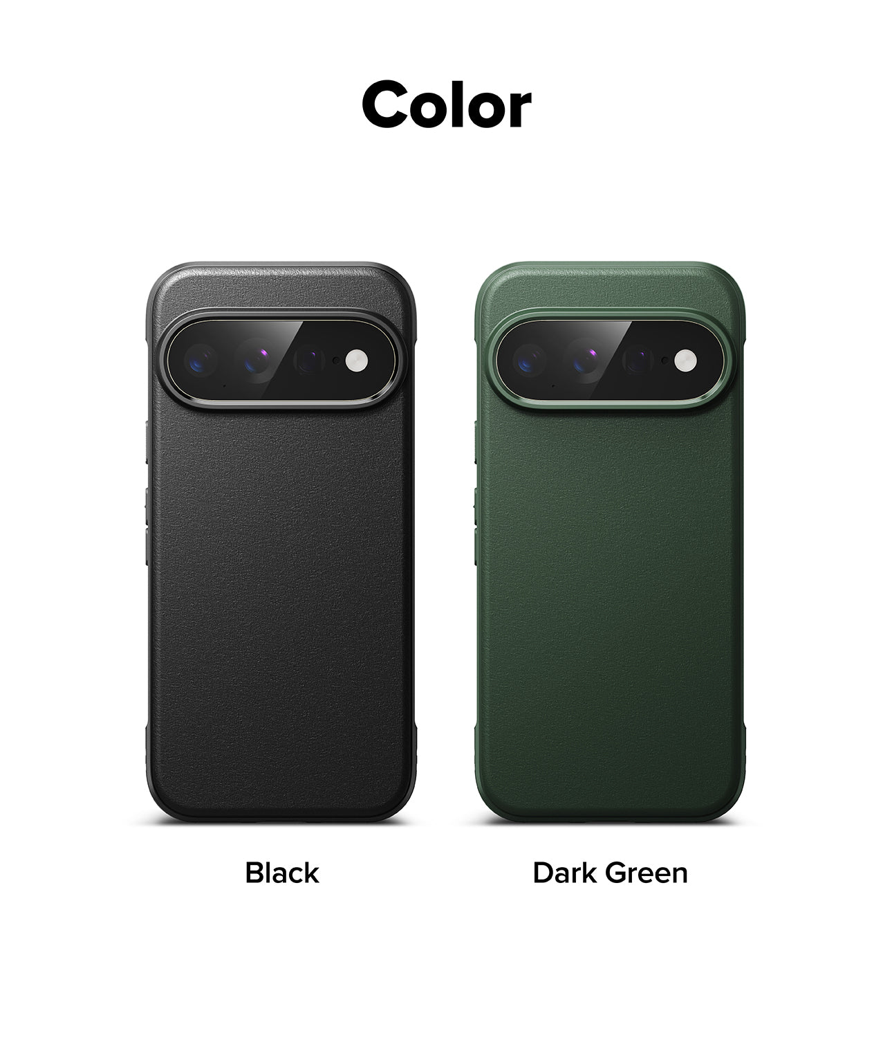 Google Pixel 11 Pro XL Case | Onyx - Color options comparison showing two phone cases side by side on a white background, labeled 'Color' at the top and 'Black' and 'Dark Green' below. The left case is black and the right case is dark green.