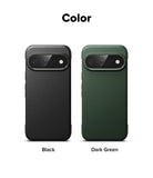 Google Pixel 11 Pro XL Case | Onyx - Color options comparison showing two phone cases side by side on a white background, labeled 'Color' at the top and 'Black' and 'Dark Green' below. The left case is black and the right case is dark green.