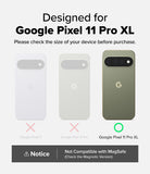 Google Pixel 11 Pro XL Case | Onyx - Compatibility graphic for a Google Pixel 11 Pro XL phone case, showing three slim phone back mockups: white for Pixel 11, light gray for Pixel 11 Pro, and olive green for Pixel 11 Pro XL. Text states the product is designed for Google Pixel 11 Pro XL and advises checking device size before purchase.