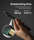 Google Pixel 11 Pro XL Case | Onyx - A hand holding a slim black smartphone case against a dark gray background, with text reading 'Outstanding Grip' and product specs: weight 37.6g and thickness 2.