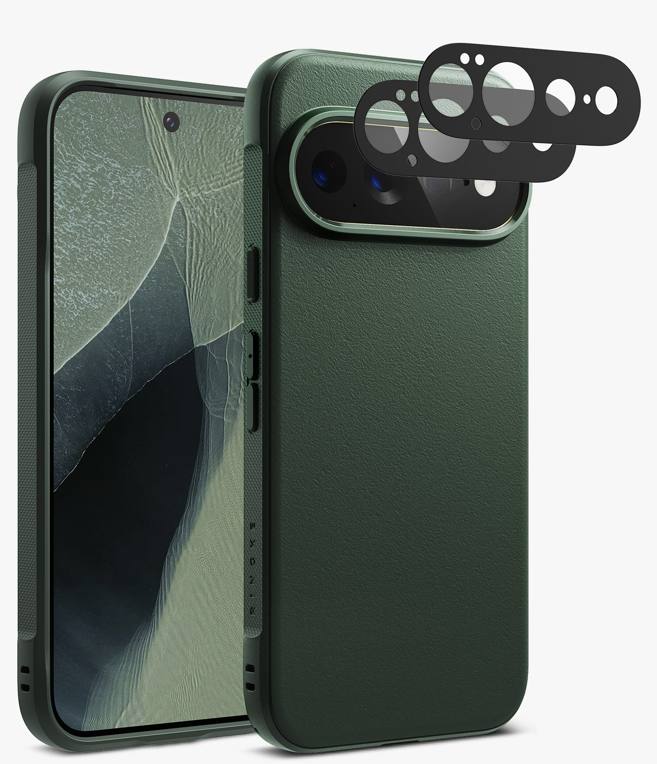 [Bundle] Google Pixel 11 Pro XL | Onyx (GRN) + Camera Protectors - A dark green textured phone case shown from the front and back, with three black camera lens protectors floating above the rear camera cutout on a light gray background.