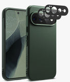 [Bundle] Google Pixel 11 Pro XL | Onyx (GRN) + Camera Protectors - A dark green textured phone case shown from the front and back, with three black camera lens protectors floating above the rear camera cutout on a light gray background.