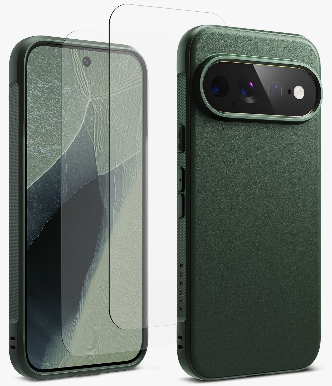 [Bundle] Google Pixel 11 Pro XL | Onyx (GRN) + Screen Protectors - A dark green textured phone case shown from the back and front, with a clear tempered glass screen protector positioned over the front display.