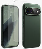 [Bundle] Google Pixel 11 Pro XL | Onyx (GRN) + Screen Protectors - A dark green textured phone case shown from the back and front, with a clear tempered glass screen protector positioned over the front display.