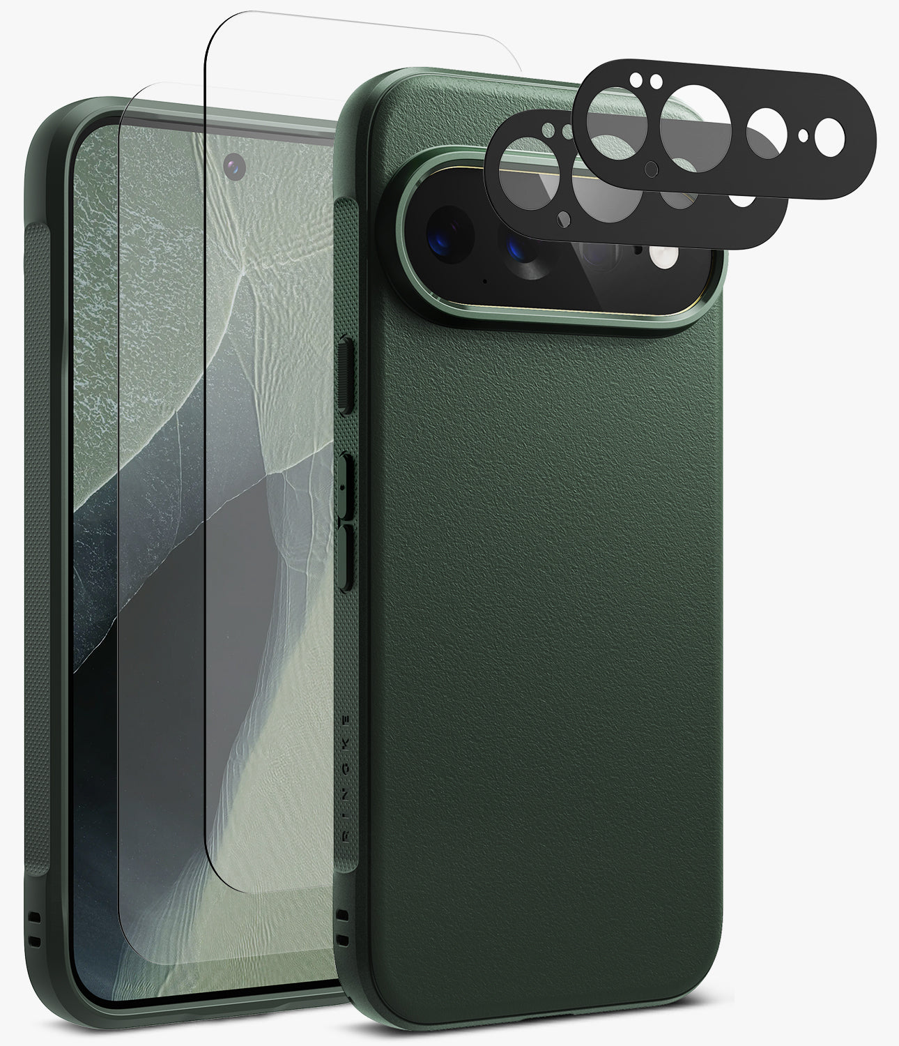 [Bundle] Google Pixel 11 Pro XL | Onyx (GRN) + Screen & Camera Protectors - Dark green phone case with a textured leather-like finish, shown alongside a clear tempered glass screen protector and black camera lens protectors on a light gray background.