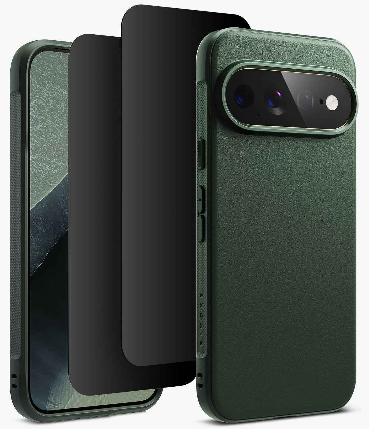 [Bundle] Google Pixel 11 Pro XL | Onyx (GRN) + Privacy Protectors - A dark green textured phone case shown with a phone inserted, alongside two black screen protectors, on a clean white background.