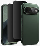 [Bundle] Google Pixel 11 Pro XL | Onyx (GRN) + Privacy Protectors - A dark green textured phone case shown with a phone inserted, alongside two black screen protectors, on a clean white background.
