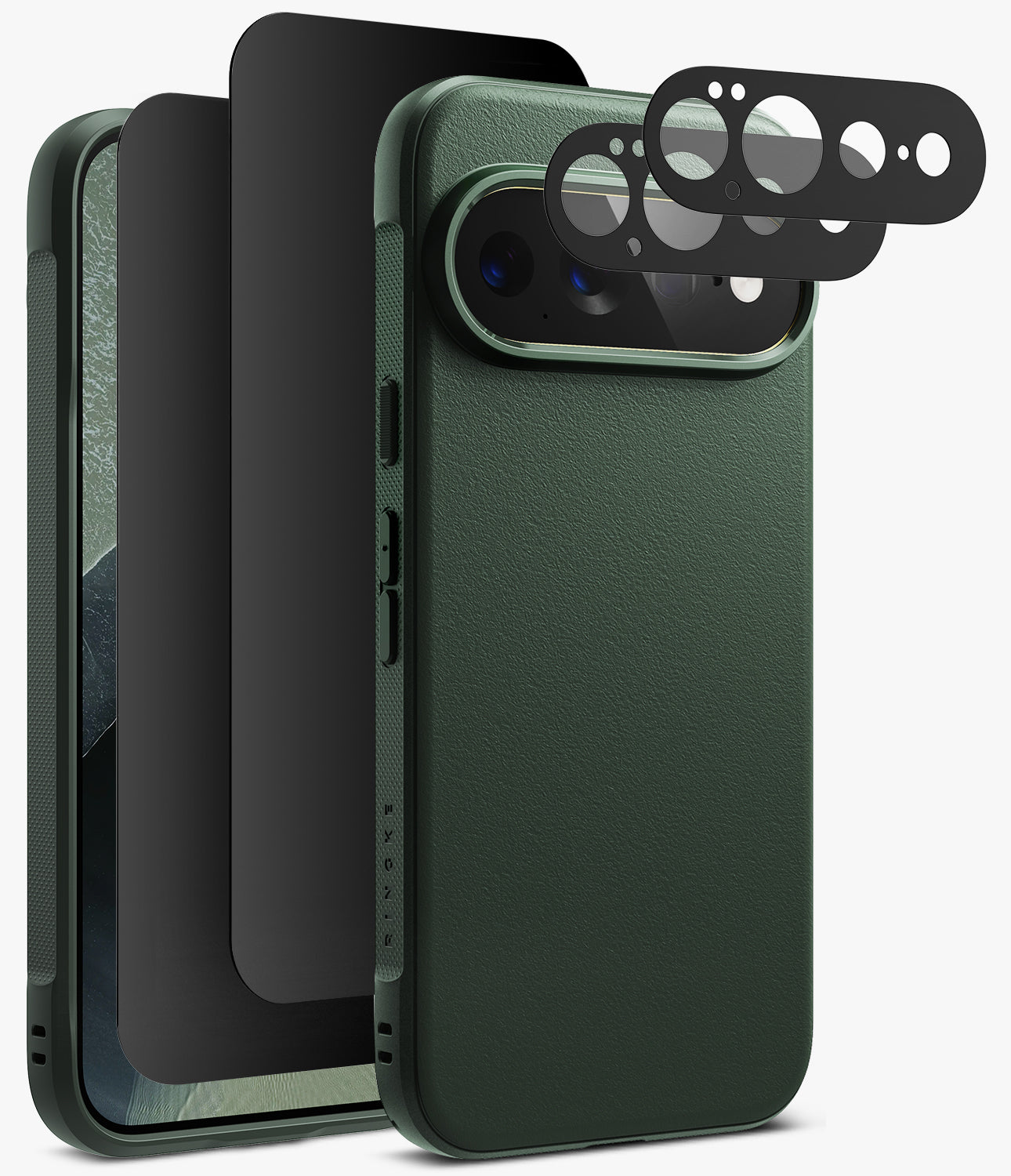 [Bundle] Google Pixel 11 Pro XL | Onyx (GRN) + Privacy & Camera Protectors - A dark green textured phone case shown with three black protective film or lens accessories floating in front, photographed on a clean white background.
