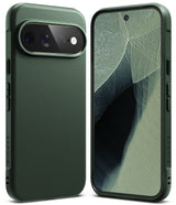 Pixel 11 Pro XL Case | Onyx - A dark forest green protective phone case shown from both the back and front angles. The back features a textured leather-like finish with a raised camera bumper, and the front view shows the slim case border around the screen.