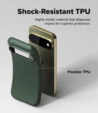 Google Pixel 11 Pro XL Case | Onyx - A dark green protective phone case shown from the back, with a smartphone partially visible behind it to demonstrate fit. The image includes marketing text reading 'Shock-Resistant TPU' and 'Flexible TPU' on a clean light gray background.